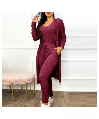 Women Jumpsuit Coat Set 2-piece Casual Suit Sporty Style with High Waist U Neck Tank Top Mid-length Jacket Slim Pencil Wine R...