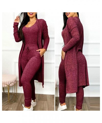 Women Jumpsuit Coat Set 2-piece Casual Suit Sporty Style with High Waist U Neck Tank Top Mid-length Jacket Slim Pencil Wine R...