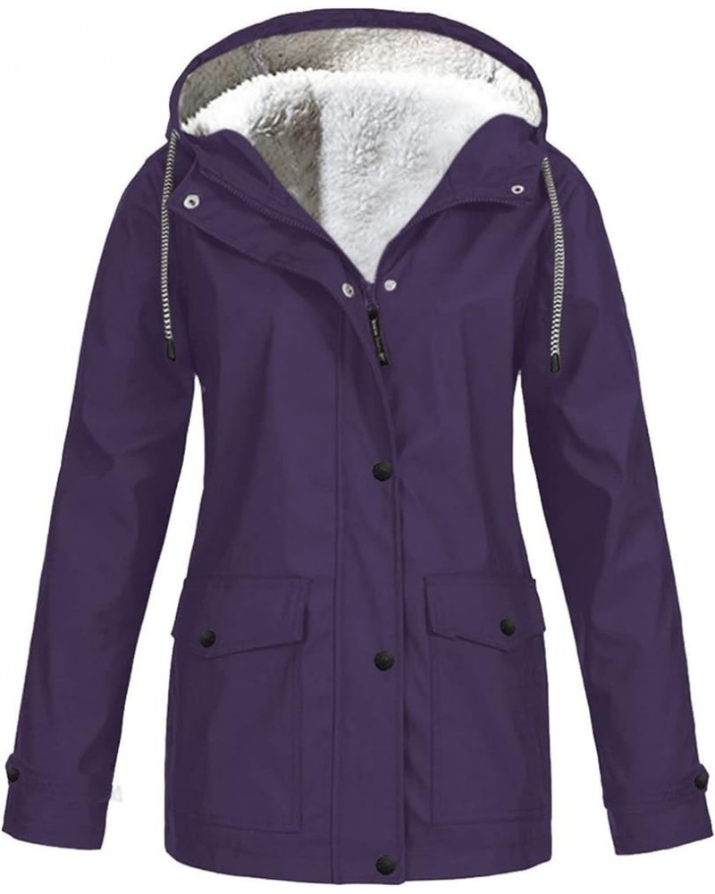 Fleece Lined Raincoat For Women Waterproof With Hood Solid Color Lightweight Outdoor Windbreaker Jacket Outerwear Purple $15....