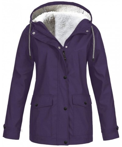 Fleece Lined Raincoat For Women Waterproof With Hood Solid Color Lightweight Outdoor Windbreaker Jacket Outerwear Purple $15....