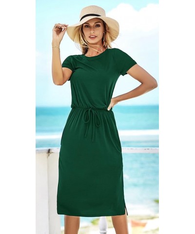 2024 Womens Hide Belly Work Casual Midi Blouson Dress with Pockets Solid Forest Green/Emerald $32.94 Dresses