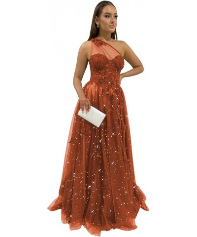 One Shoulder Lace Appliques Tulle Prom Dresses for Women 2023 Long Ball Gown with Slit CM167 Burnt Orange $41.65 Dresses