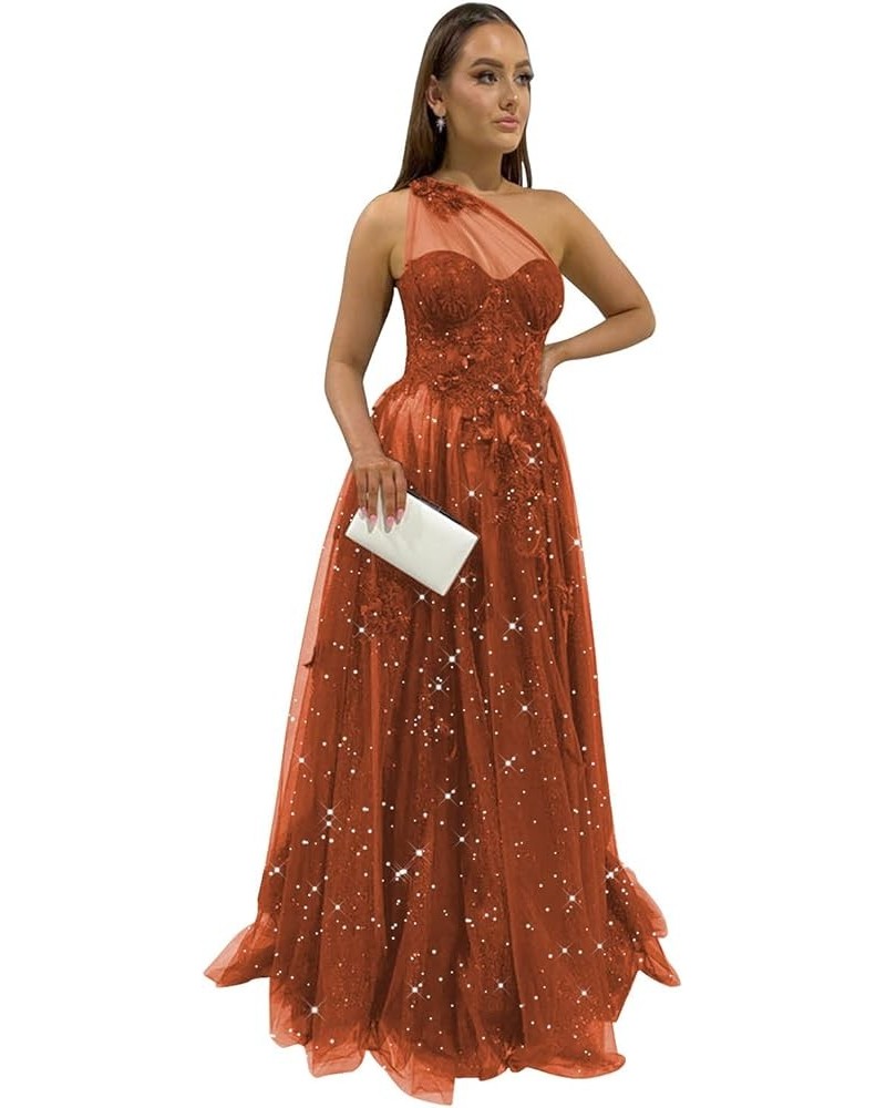 One Shoulder Lace Appliques Tulle Prom Dresses for Women 2023 Long Ball Gown with Slit CM167 Burnt Orange $41.65 Dresses