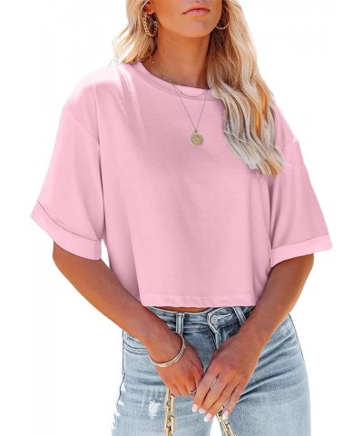 Women's Rolled Short Sleeve Round Neck Crop Tops Casual Summer Loose Fit Basic Tees Pink $11.75 T-Shirts
