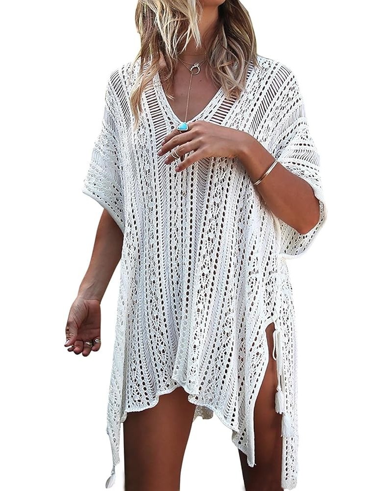 Swimsuit Cover Ups for Women V Neck Loose Hollow Out Crochet Cover Up 1508 White $10.75 Swimsuits