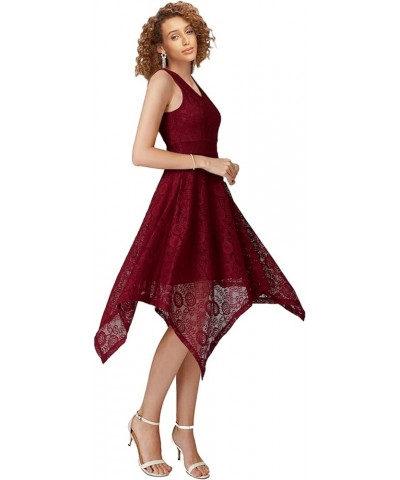 Elegant Women Floral Lace Formal Party Dress Asymmetrical Handkerchief Dress Swing Midi Dress Burgundy $14.08 Dresses