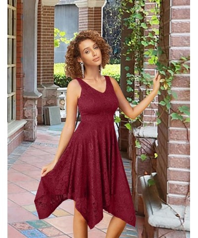 Elegant Women Floral Lace Formal Party Dress Asymmetrical Handkerchief Dress Swing Midi Dress Burgundy $14.08 Dresses