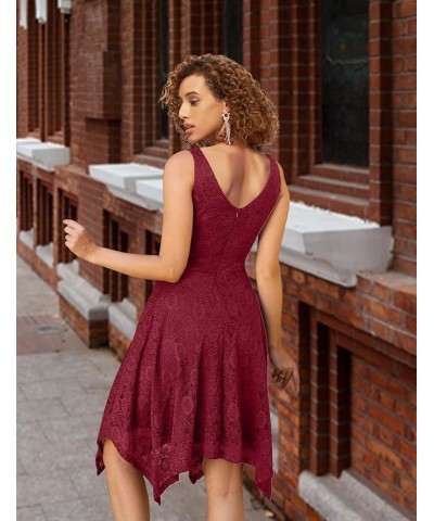 Elegant Women Floral Lace Formal Party Dress Asymmetrical Handkerchief Dress Swing Midi Dress Burgundy $14.08 Dresses