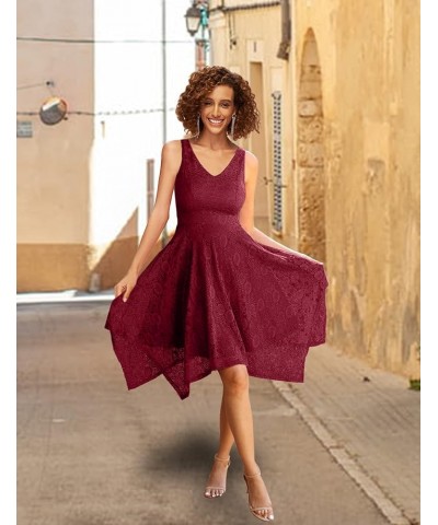 Elegant Women Floral Lace Formal Party Dress Asymmetrical Handkerchief Dress Swing Midi Dress Burgundy $14.08 Dresses