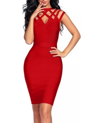 Women's Hollow Out Bandage Party Dress Sleeveless High Neck Bodycon Dresses Club Red $26.00 Dresses