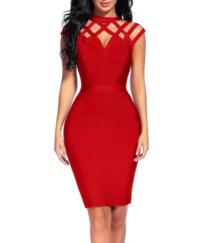 Women's Hollow Out Bandage Party Dress Sleeveless High Neck Bodycon Dresses Club Red $26.00 Dresses