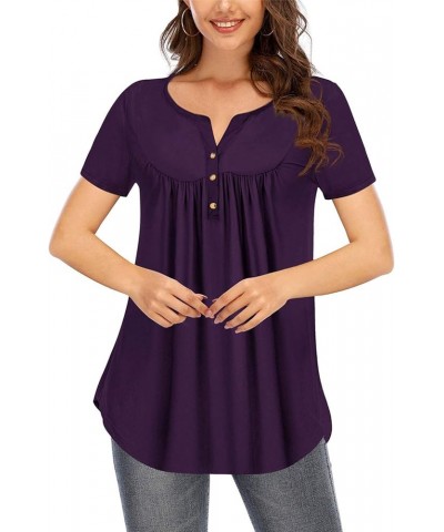 Womens Tops Floral V Neck Casual Blouses Short/Long Sleeve Shirts Button Up Tunic C Short-purple $12.00 Tops