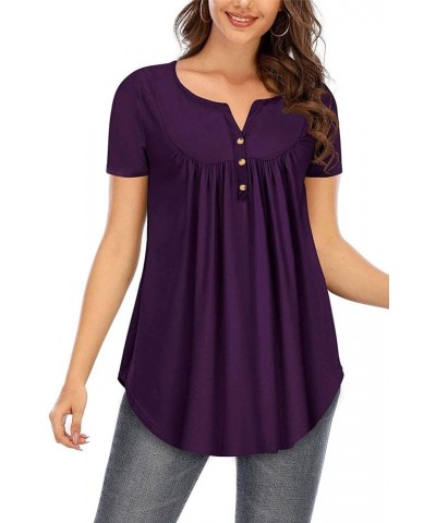 Womens Tops Floral V Neck Casual Blouses Short/Long Sleeve Shirts Button Up Tunic C Short-purple $12.00 Tops