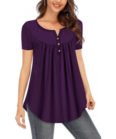 Womens Tops Floral V Neck Casual Blouses Short/Long Sleeve Shirts Button Up Tunic C Short-purple $12.00 Tops