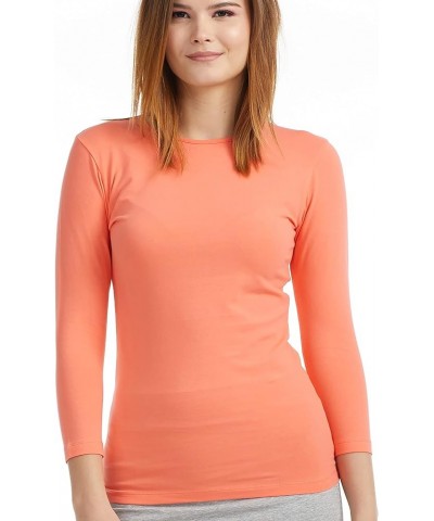 Womens 3/4 Sleeve Cotton Snug Fit High Neck Base Layering T-Shirt Coral $15.00 Underwear