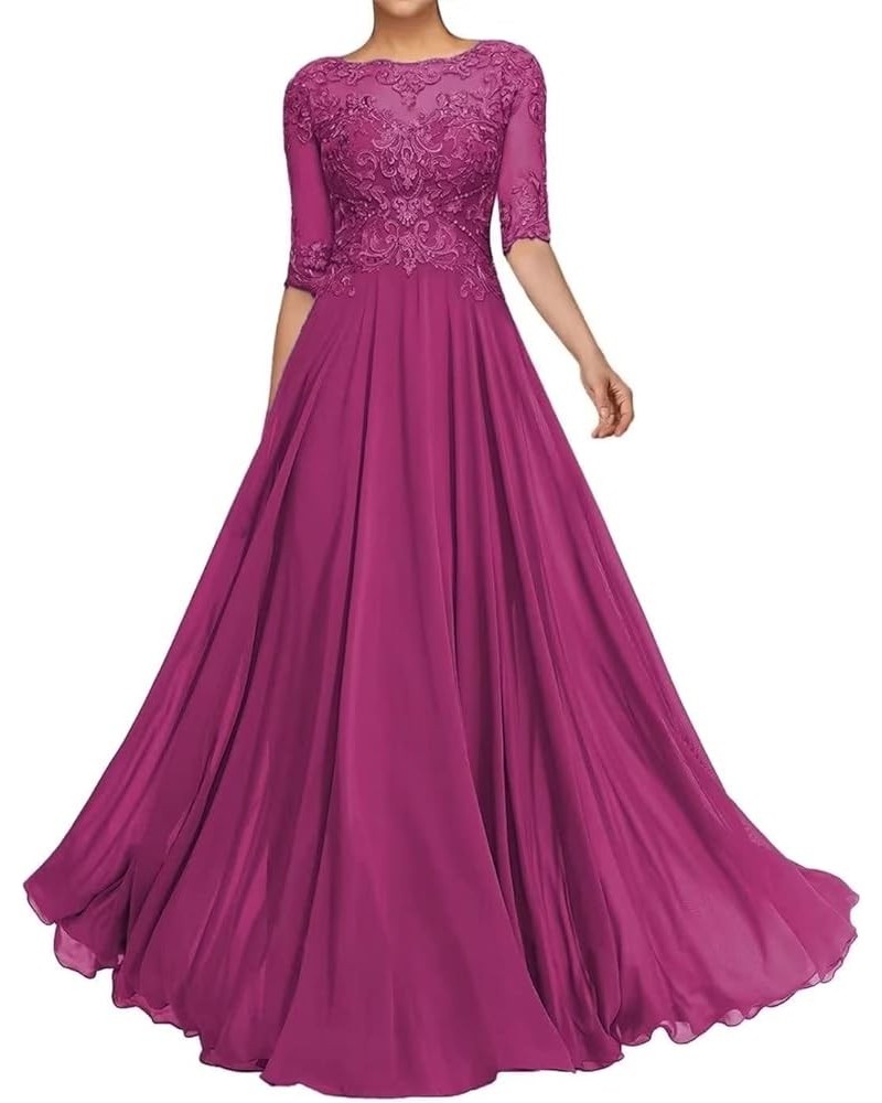 A Line Lace Appliques Mother of The Bride Dresses Chiffon Half Sheer Formal Evening Dresses for Wedding Guest Raspberry $33.6...