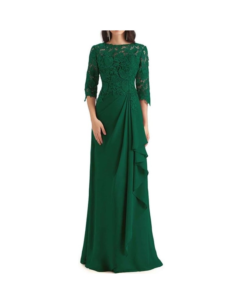 Lace Mother of The Bride Dress with Sleeves Chiffon Ruffles Long Evening Formal Gown for Wedding Scoop Neck Dark Green $42.90...