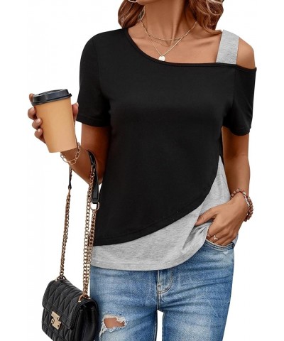 Womens Tops Asymmetrical Cold Shoulder Short Sleeve Blouses Summer Casual Loose Fit Tunics T Shirts for Women 2024 Black Grey...