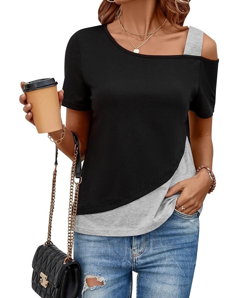 Womens Tops Asymmetrical Cold Shoulder Short Sleeve Blouses Summer Casual Loose Fit Tunics T Shirts for Women 2024 Black Grey...