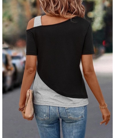 Womens Tops Asymmetrical Cold Shoulder Short Sleeve Blouses Summer Casual Loose Fit Tunics T Shirts for Women 2024 Black Grey...