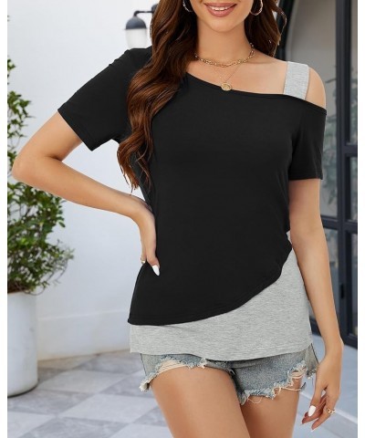 Womens Tops Asymmetrical Cold Shoulder Short Sleeve Blouses Summer Casual Loose Fit Tunics T Shirts for Women 2024 Black Grey...