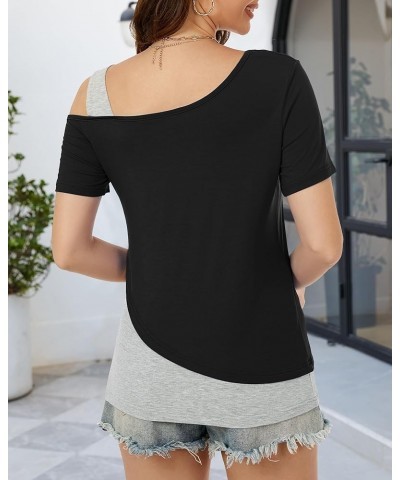 Womens Tops Asymmetrical Cold Shoulder Short Sleeve Blouses Summer Casual Loose Fit Tunics T Shirts for Women 2024 Black Grey...