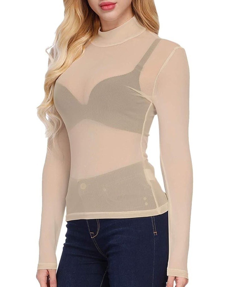 Women's Mesh See Through Tops Long Sleeve Sheer Blouse Sexy High/O Neck Shirt Skin-high Neck $10.63 Blouses