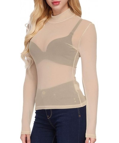 Women's Mesh See Through Tops Long Sleeve Sheer Blouse Sexy High/O Neck Shirt Skin-high Neck $10.63 Blouses