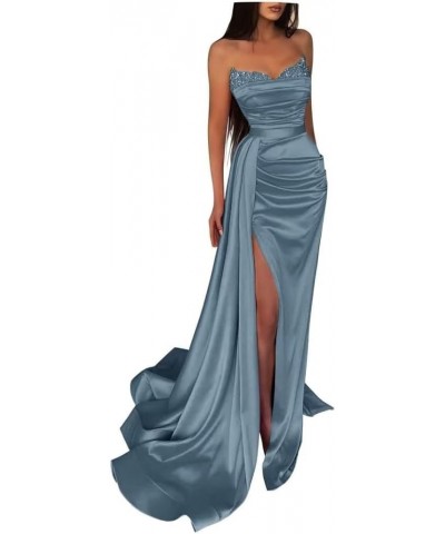 Women's Prom Dresses Mermaid 2023 Sequin Beaded Ball Gown Long Satin Formal Evening Gowns with Slit Dusty-blue $27.72 Dresses