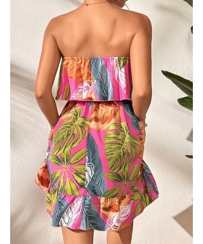 Women's Tropical Print High Rise A-line Ruffle Tube Dress Boho Mini Dress Hot Pink $22.67 Dresses