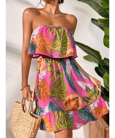 Women's Tropical Print High Rise A-line Ruffle Tube Dress Boho Mini Dress Hot Pink $22.67 Dresses