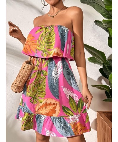 Women's Tropical Print High Rise A-line Ruffle Tube Dress Boho Mini Dress Hot Pink $22.67 Dresses