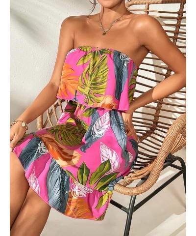 Women's Tropical Print High Rise A-line Ruffle Tube Dress Boho Mini Dress Hot Pink $22.67 Dresses