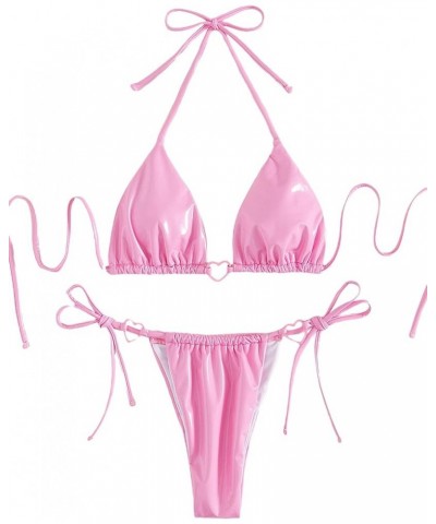 Women's Metallic Halter Top Two Piece Swimsuit Tie Side Triangle Bikini Solid Pink Plain $15.05 Swimsuits