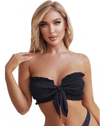 Women's Tie Knot Front Bandeau Bikini Top Smocked Strapless Swimsuit Tops Bathing Suits Solid Black $10.12 Swimsuits