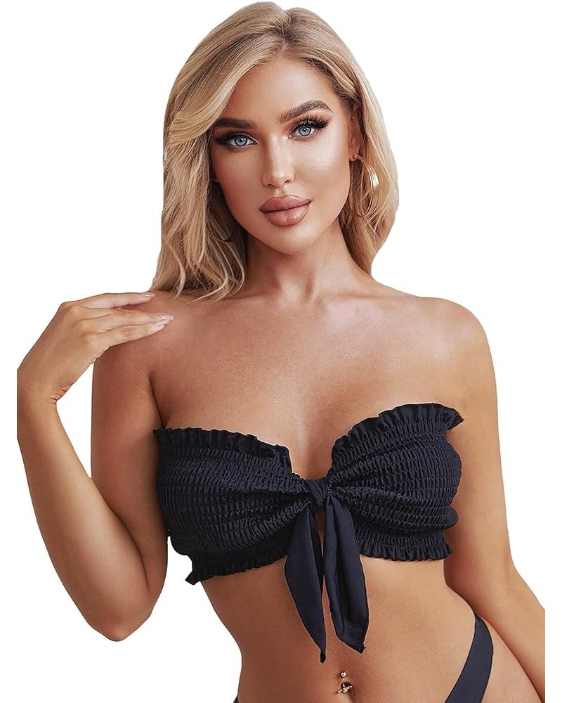 Women's Tie Knot Front Bandeau Bikini Top Smocked Strapless Swimsuit Tops Bathing Suits Solid Black $10.12 Swimsuits