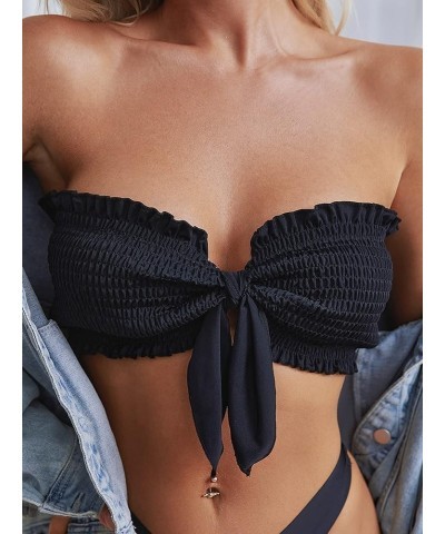 Women's Tie Knot Front Bandeau Bikini Top Smocked Strapless Swimsuit Tops Bathing Suits Solid Black $10.12 Swimsuits