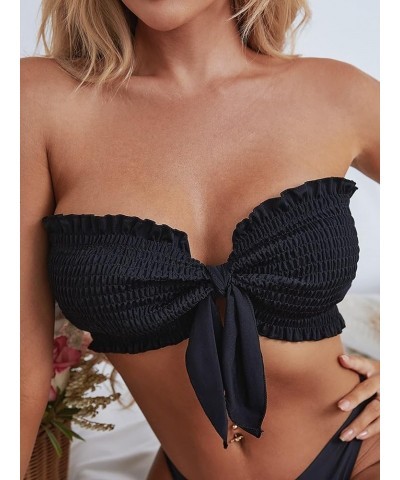 Women's Tie Knot Front Bandeau Bikini Top Smocked Strapless Swimsuit Tops Bathing Suits Solid Black $10.12 Swimsuits