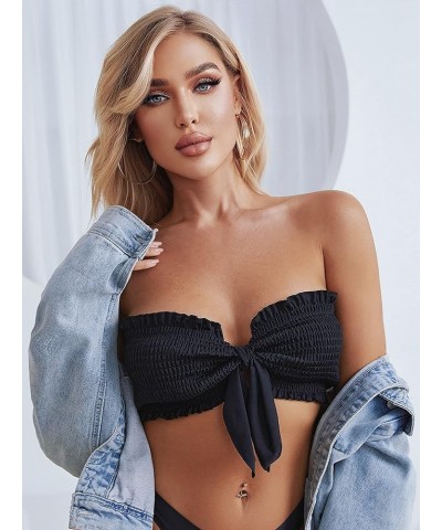 Women's Tie Knot Front Bandeau Bikini Top Smocked Strapless Swimsuit Tops Bathing Suits Solid Black $10.12 Swimsuits