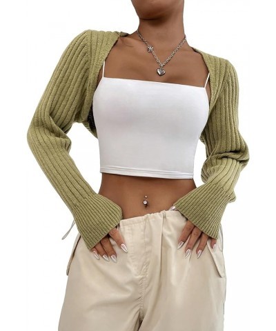 Women's Open Front Drop Shoulder Rib-Knit Long Sleeve Cropped Cardigan Shrug Vivid Green $15.54 Sweaters