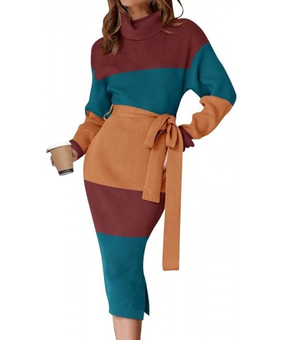 Women's Turtleneck Sweater Midi Dress Long Sleeve Ribbed Knit Bodycon Slit Dress with Belt Teal $23.86 Sweaters