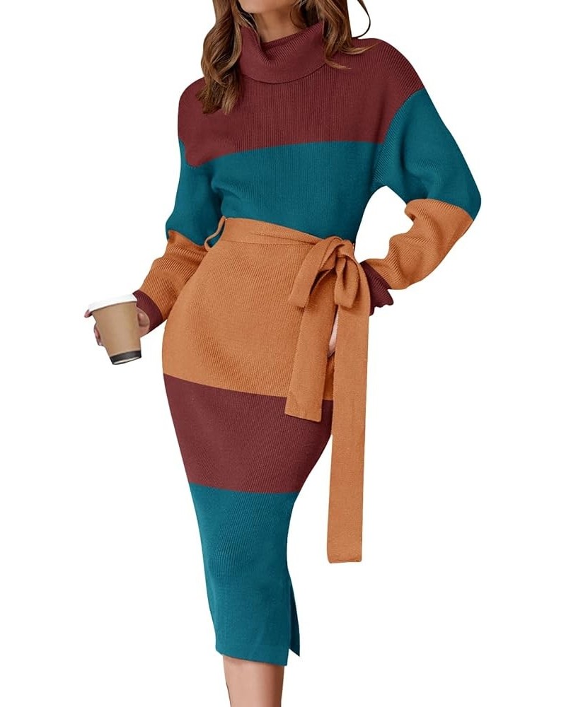 Women's Turtleneck Sweater Midi Dress Long Sleeve Ribbed Knit Bodycon Slit Dress with Belt Teal $23.86 Sweaters