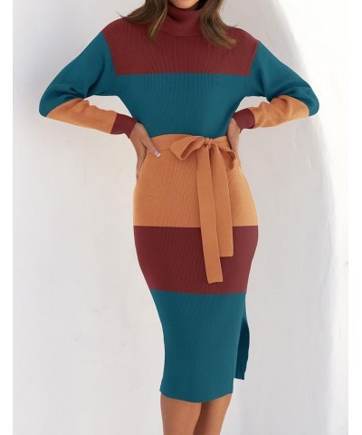 Women's Turtleneck Sweater Midi Dress Long Sleeve Ribbed Knit Bodycon Slit Dress with Belt Teal $23.86 Sweaters