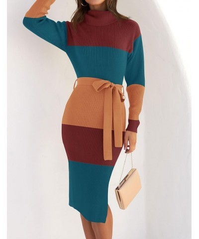 Women's Turtleneck Sweater Midi Dress Long Sleeve Ribbed Knit Bodycon Slit Dress with Belt Teal $23.86 Sweaters