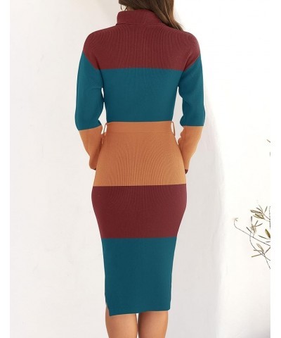 Women's Turtleneck Sweater Midi Dress Long Sleeve Ribbed Knit Bodycon Slit Dress with Belt Teal $23.86 Sweaters