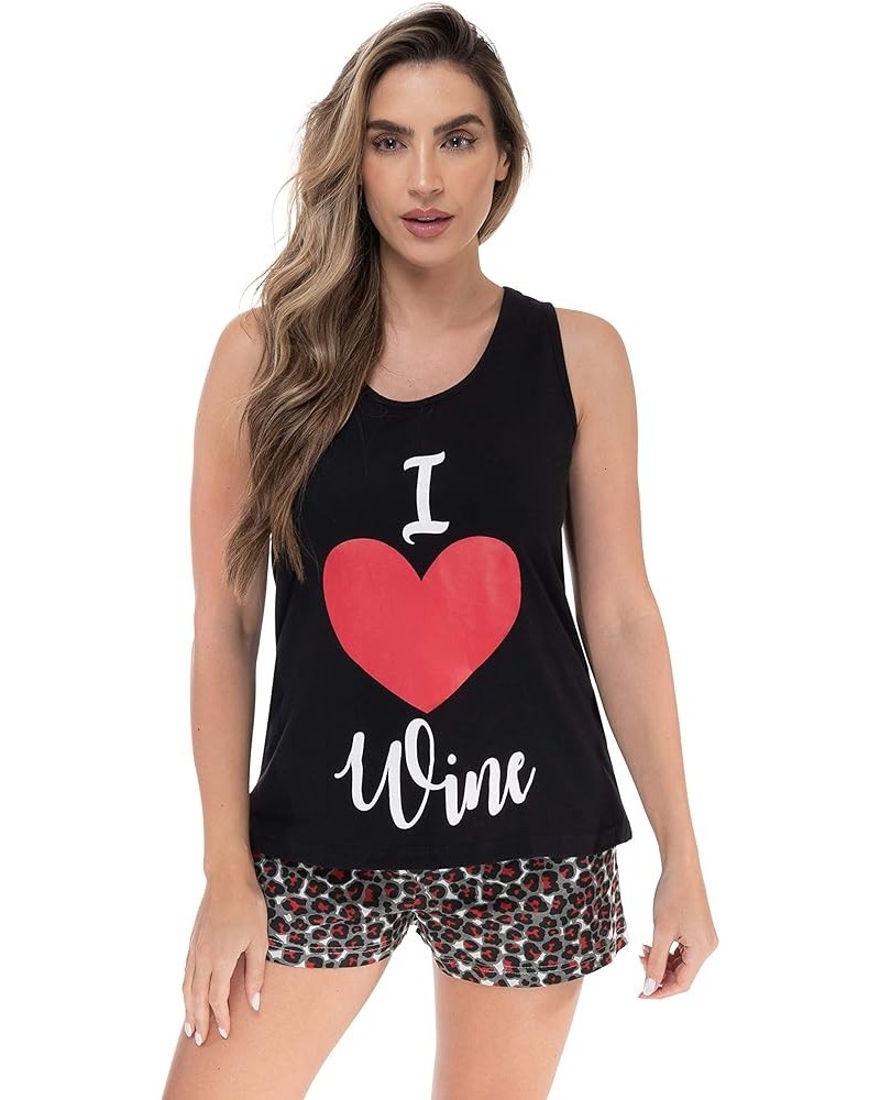 100% Cotton Women Sleepwear Pajama Sets Black - Heart Wine Leopard $10.61 Sleep & Lounge