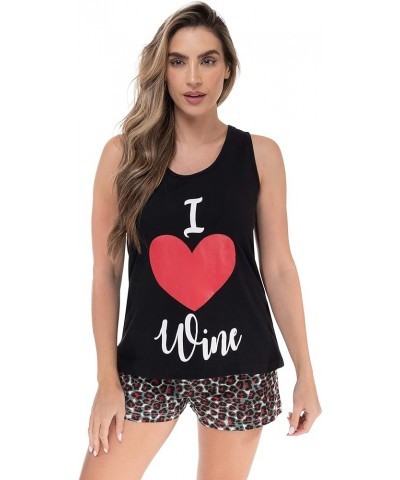 100% Cotton Women Sleepwear Pajama Sets Black - Heart Wine Leopard $10.61 Sleep & Lounge