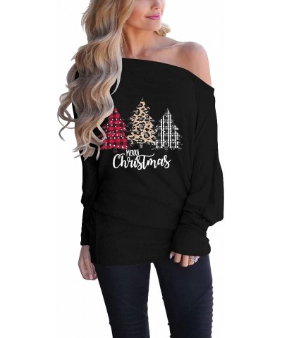 Women's Off The Shoulder Tops Batwing Long Sleeve Shirts Casual Loose Tunics Pullover Sweater Christmas Tree Black $13.49 Tops