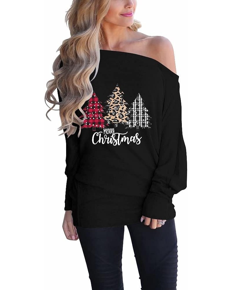 Women's Off The Shoulder Tops Batwing Long Sleeve Shirts Casual Loose Tunics Pullover Sweater Christmas Tree Black $13.49 Tops