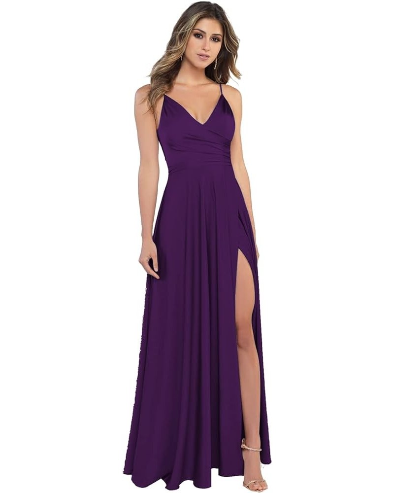 Women's Spaghetti Strap V Neck Bridesmaid Dresses Long Satin Formal Evening Gowns with Slit Pockets R004 Plum $22.00 Dresses